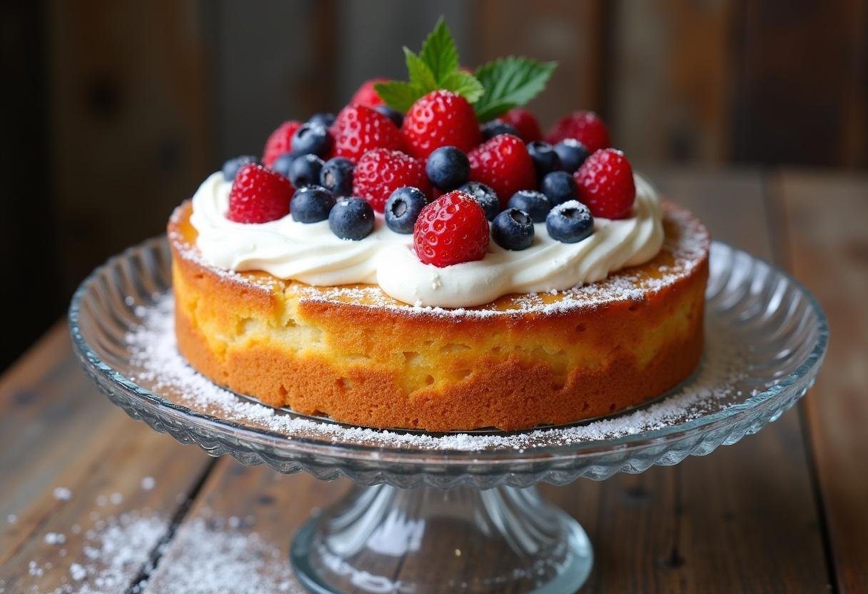 Gâteau à la crème fraîche moelleux joliment décoré avec des baies fraîches, prêt à être servi.
