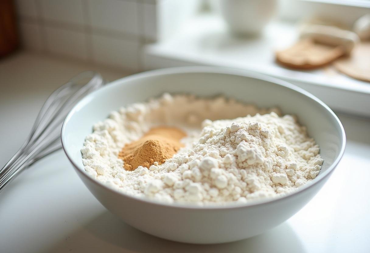 Préparation des ingrédients secs pour le gâteau à la crème fraîche, incluant la farine et le sucre.