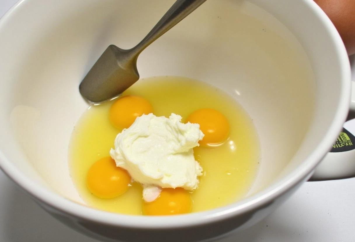 Mélange des ingrédients humides pour le gâteau à la crème fraîche, y compris la crème fraîche et les œufs.