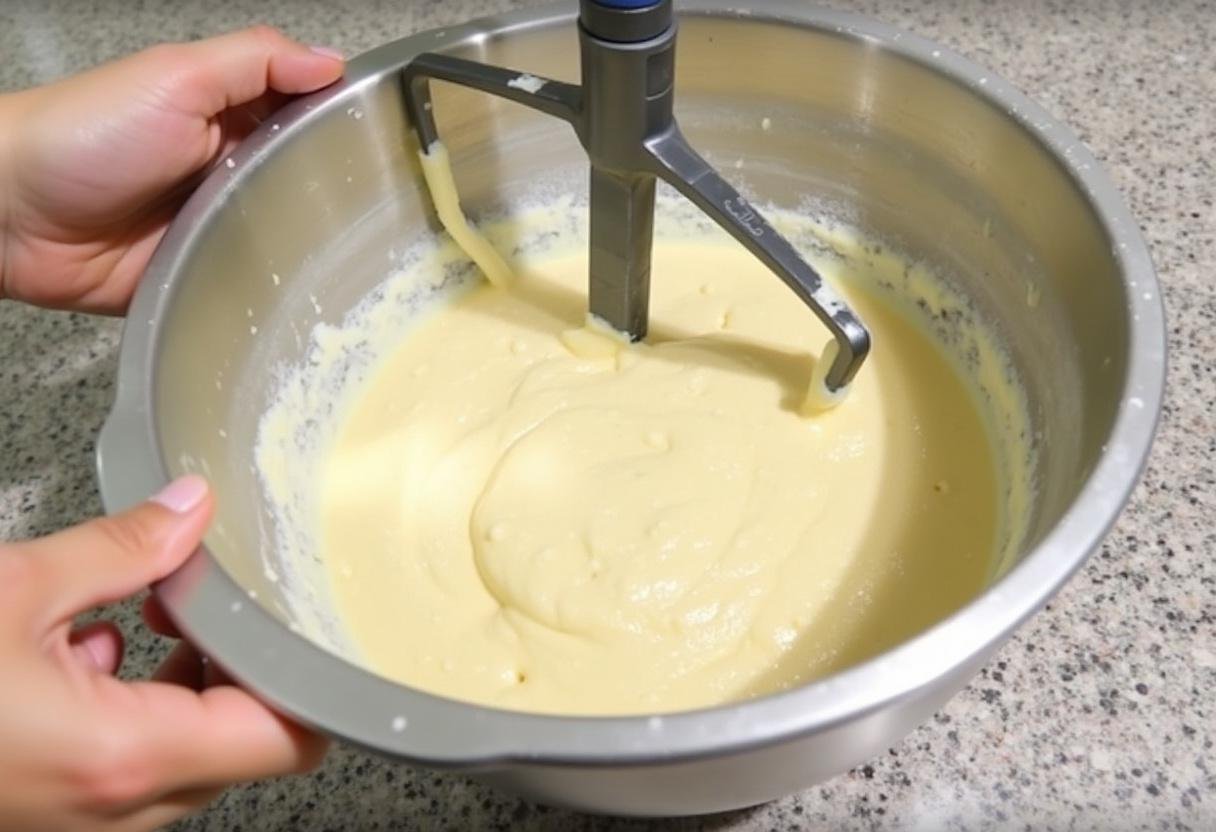 Incorporation de la pâte pour le gâteau à la crème fraîche, montrant un mélange lisse qui se forme.