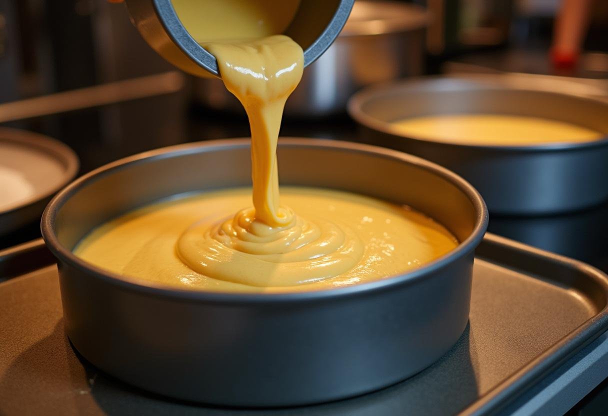 Verser la pâte dans un moule à gâteau pour le gâteau à la crème fraîche, prêt à être cuit.