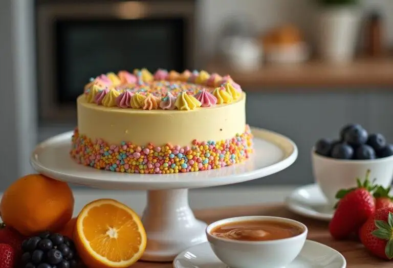 Gâteau au glaçage élégant et prêt à servir, mettant en valeur un dessert tendance raffiné et fait maison.