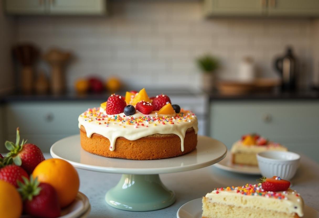 Gâteau au glaçage élégant et prêt à servir, mettant en valeur un dessert tendance raffiné et fait maison.