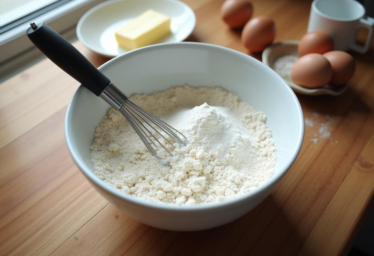 Préparation des ingrédients secs pour un gâteau au glaçage, incluant farine, sucre, et levure en poudre.