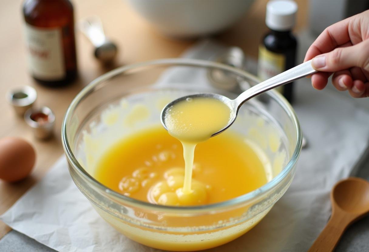 Incorporation des ingrédients liquides dans le mélange pour un dessert tendance, avec du beurre fondu et des œufs.