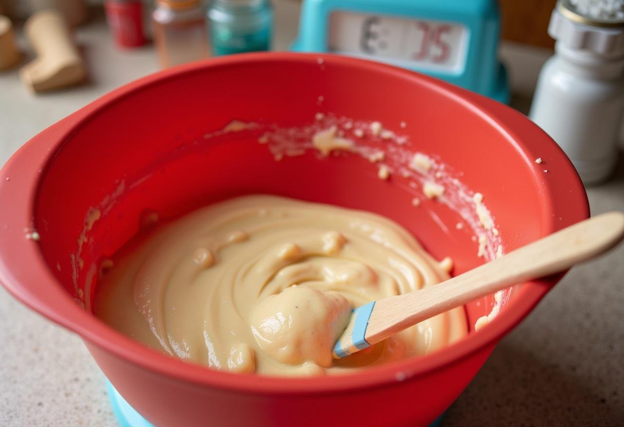 Mélange de la pâte à gâteau au glaçage, créant une texture lisse et onctueuse pour une recette de gâteau.