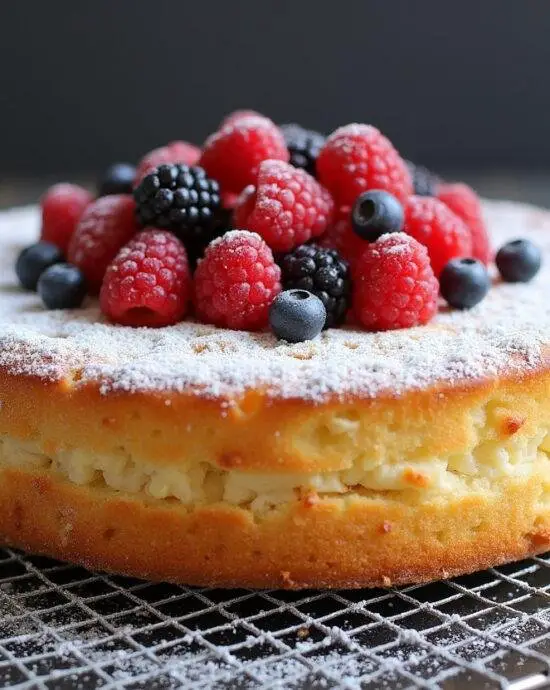 Gâteau au skyr léger et protéiné, décoré de baies fraîches et de sucre glace.