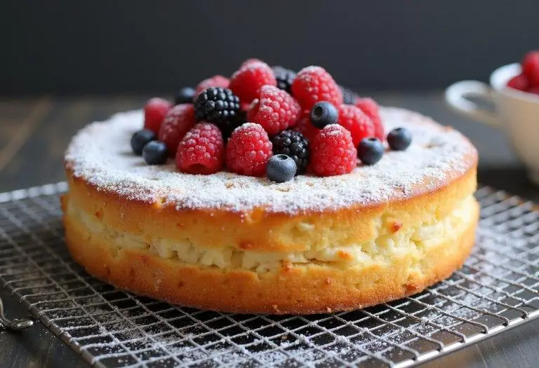 Gâteau au skyr léger et protéiné, décoré de baies fraîches et de sucre glace.