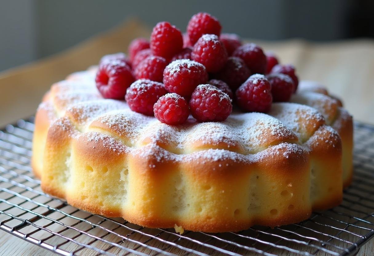 Gâteau au skyr léger et protéiné, décoré de baies fraîches et de sucre glace.