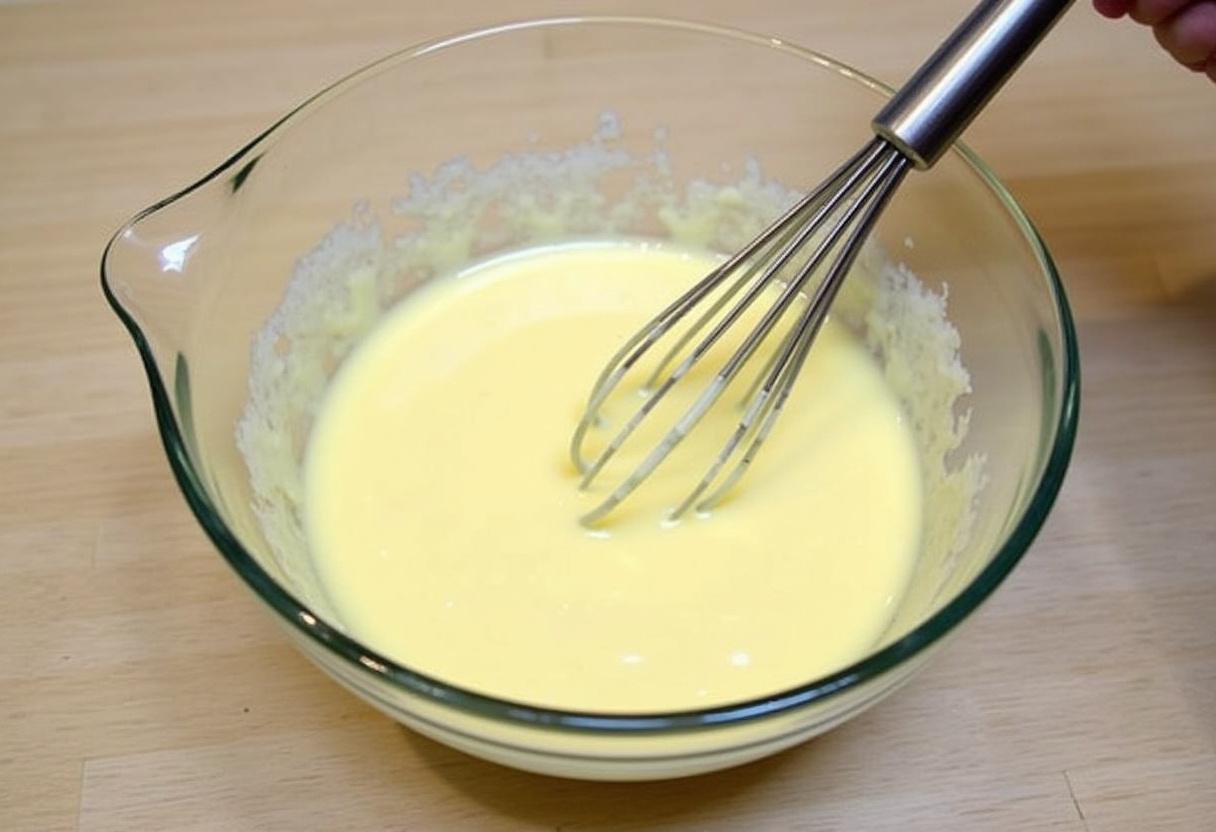Mélange onctueux de skyr, œufs et miel pour un gâteau au skyr léger et protéiné.