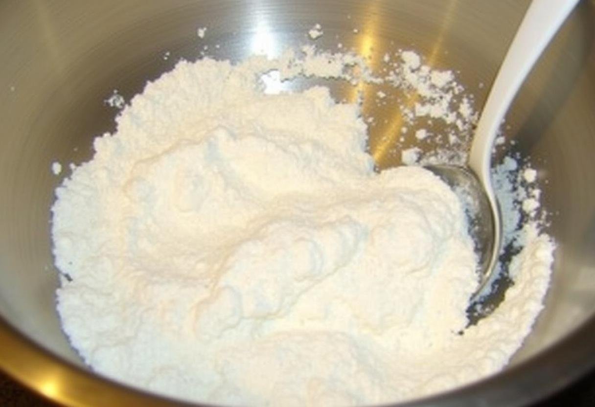Ingrédients secs pour le gâteau au skyr: farine, levure chimique et une pincée de sel.