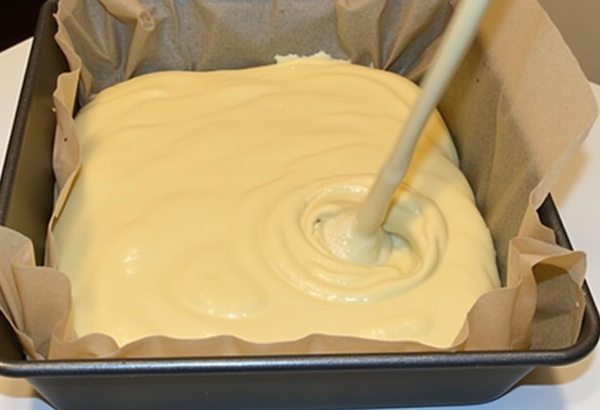 Pâte de gâteau au skyr prête à être cuite, versée dans un moule recouvert de papier sulfurisé.