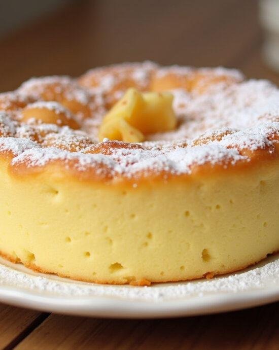 Présentation d'un délicieux gâteau au yaourt au micro onde, moelleux et doré, saupoudré de sucre glace.