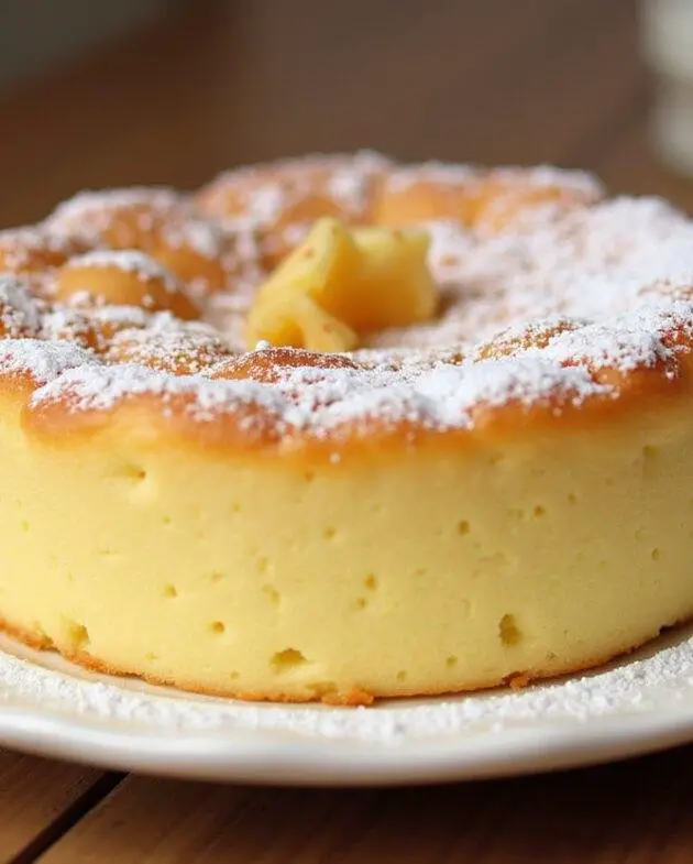 Présentation d'un délicieux gâteau au yaourt au micro onde, moelleux et doré, saupoudré de sucre glace.