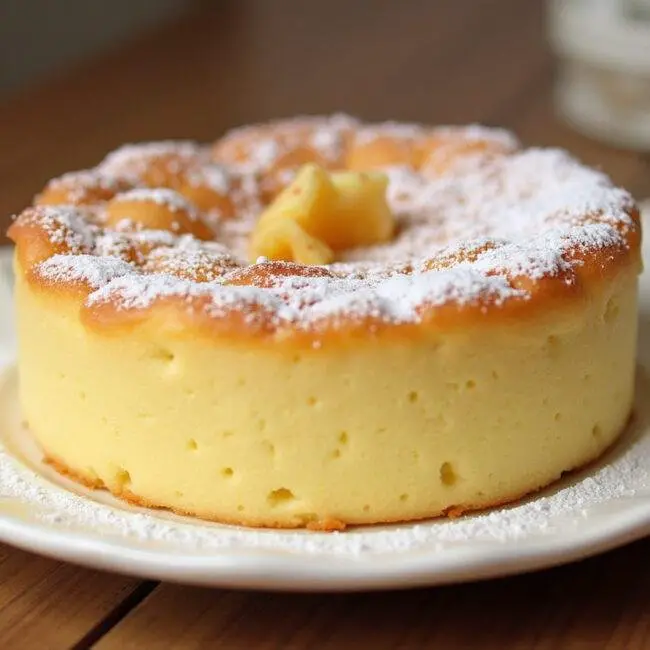 Présentation d'un délicieux gâteau au yaourt au micro onde, moelleux et doré, saupoudré de sucre glace.