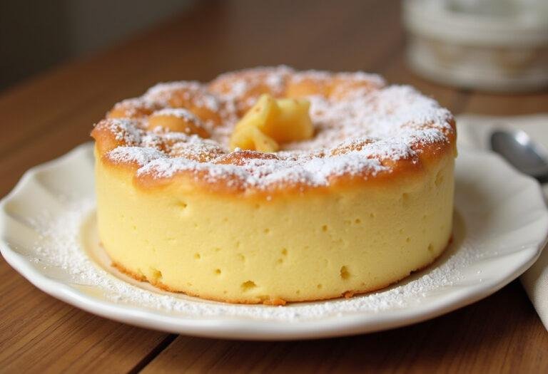 Présentation d'un délicieux gâteau au yaourt au micro onde, moelleux et doré, saupoudré de sucre glace.