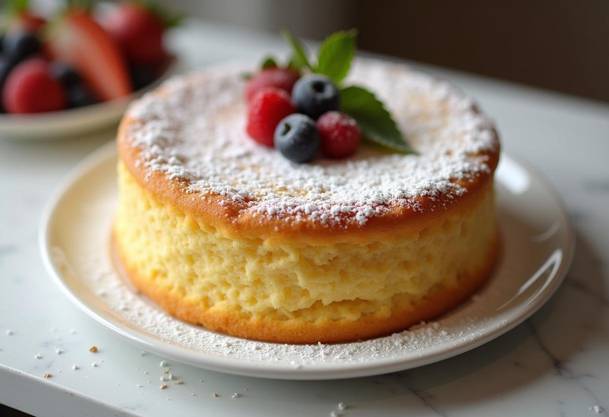 Présentation d'un délicieux gâteau au yaourt au micro onde, moelleux et doré, saupoudré de sucre glace.