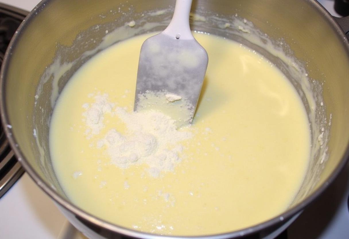 Ajout de la farine et de la levure chimique dans le mélange pour le gâteau rapide au yaourt au micro onde.