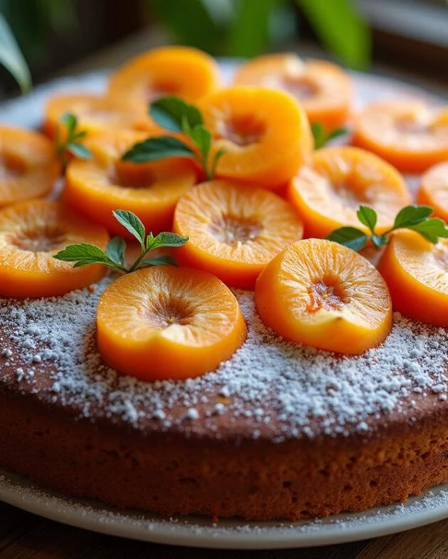 Gâteau aux abricots frais de saison sur une table en bois, décoré d'abricots frais et de sucre glace, un délicieux dessert aux abricots.