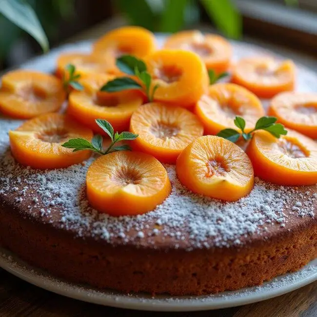 Gâteau aux abricots frais de saison sur une table en bois, décoré d'abricots frais et de sucre glace, un délicieux dessert aux abricots.