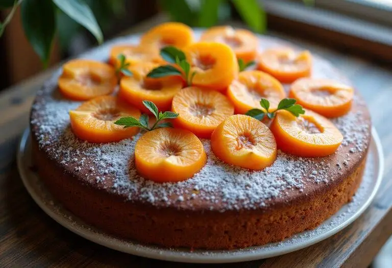 Gâteau aux abricots frais de saison sur une table en bois, décoré d'abricots frais et de sucre glace, un délicieux dessert aux abricots.