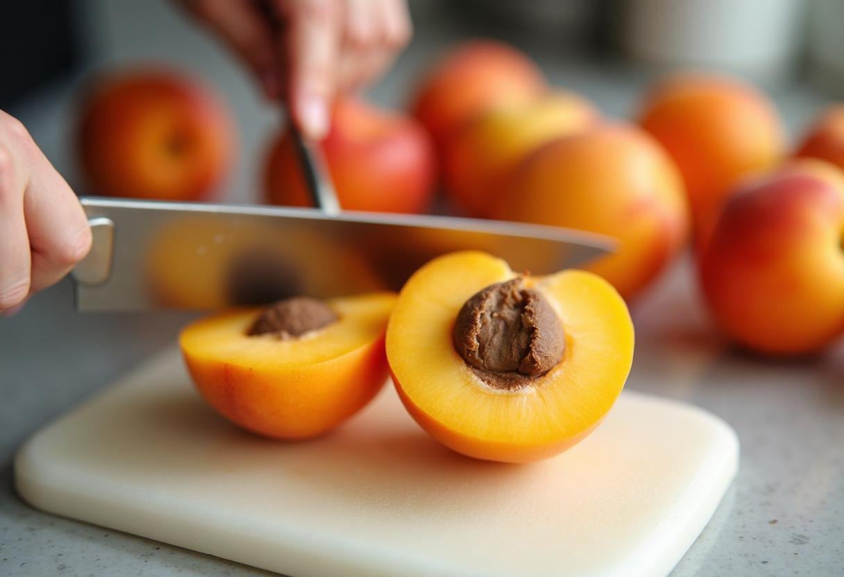 Préparation des abricots pour le gâteau aux abricots frais avec des fruits mûrs sur le plan de travail.