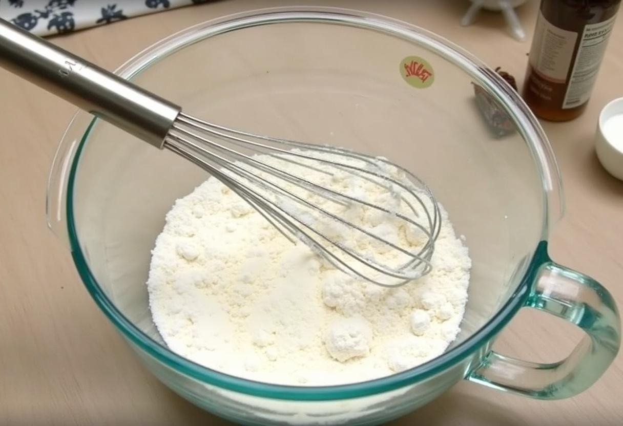 Mélange des ingrédients secs pour la recette de gâteau aux abricots, avec une farine blanche et du sucre dans un bol de cuisine.