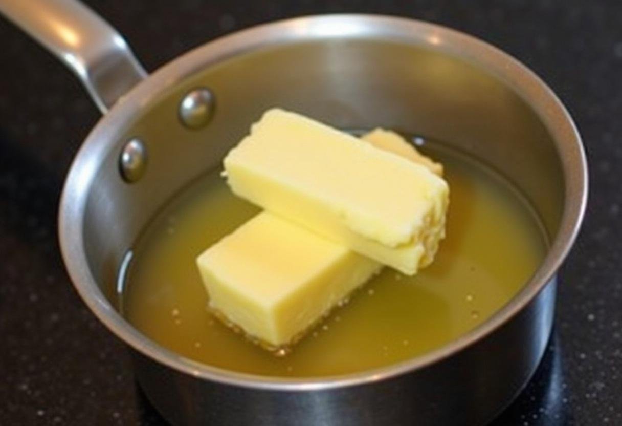 Beurre fondu pour gâteau moelleux aux abricots, dans une casserole sur la cuisinière, prêt à être incorporé.