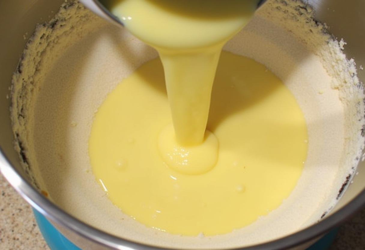 Préparation de la pâte à gâteau aux fruits, mélange de beurre fondu, d'œufs et de lait dans un bol culinaire.