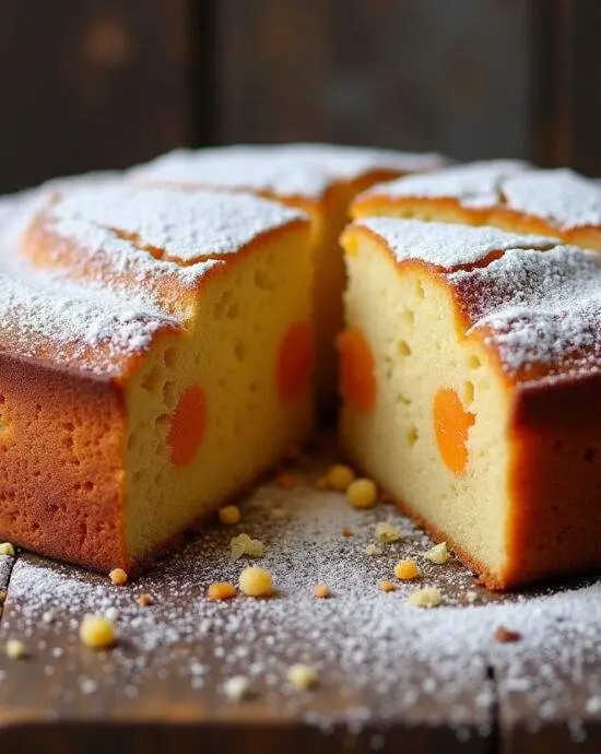 Gâteau aux amandes et abricots secs fraîchement cuit présenté sur une table en bois rustique, avec une jolie tranche coupée et saupoudrée de sucre glace.