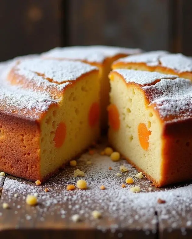 Gâteau aux amandes et abricots secs fraîchement cuit présenté sur une table en bois rustique, avec une jolie tranche coupée et saupoudrée de sucre glace.