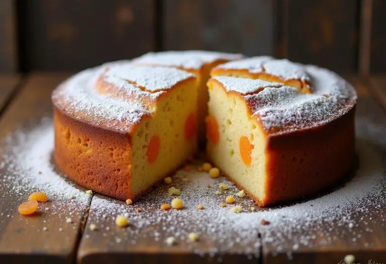 Gâteau aux amandes et abricots secs fraîchement cuit présenté sur une table en bois rustique, avec une jolie tranche coupée et saupoudrée de sucre glace.