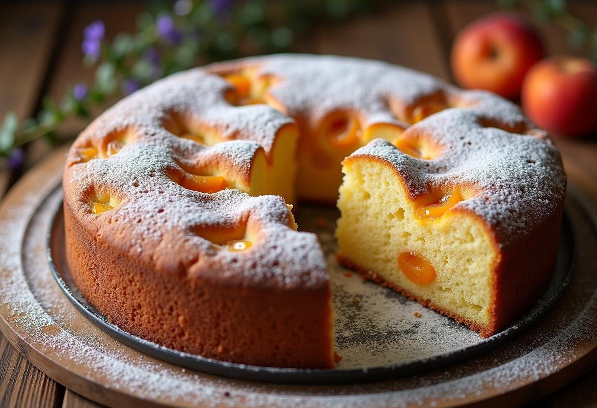 Gâteau aux amandes et abricots secs fraîchement cuit présenté sur une table en bois rustique, avec une jolie tranche coupée et saupoudrée de sucre glace.