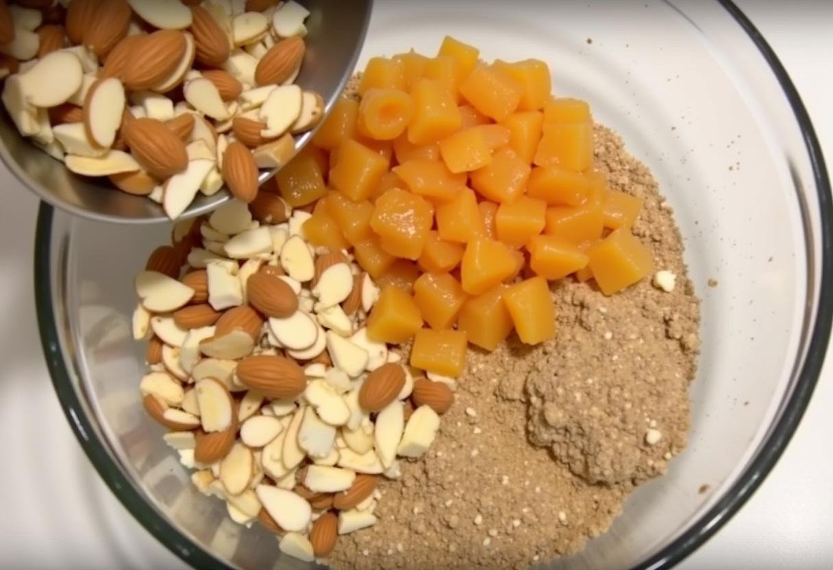 Incorporation des abricots secs et des amandes tranchées dans le mélange pour le gâteau aux amandes et abricots, couleurs vives dans un bol.
