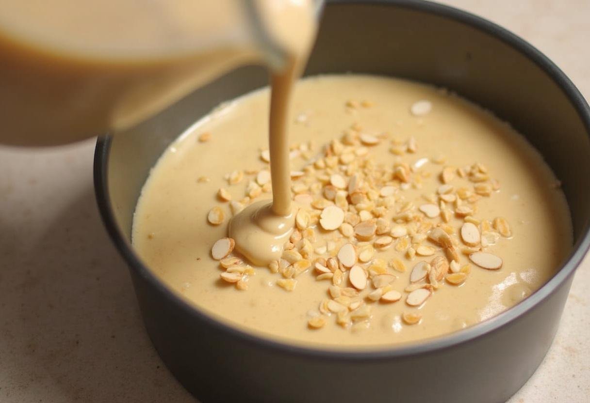 Versement de la pâte dans le moule à gâteau et ajout d'amandes sur le dessus pour le gâteau aux amandes et abricots, un aspect alléchant.