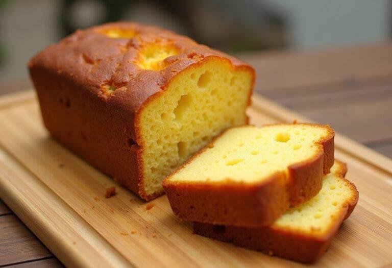Présentation d'un gùteau aux dattes moelleux sur une planche en bois, avec une part découpée montrant la texture aérée du dessert.