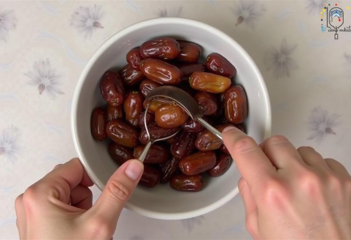 Préparation des dattes pour le gùteau aux dattes, dattes dénoyautées et hachées finement dans un bol.