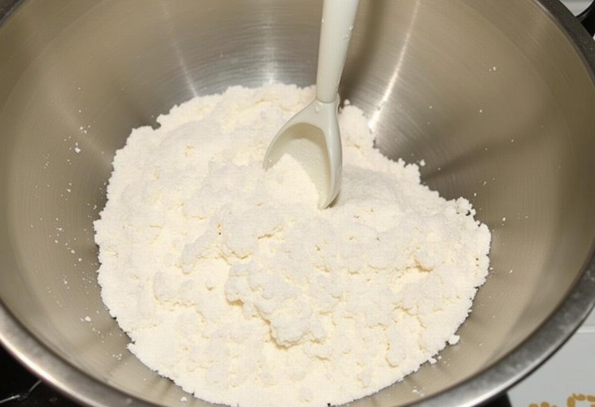 Mélange des ingrédients secs pour gùteau moelleux aux dattes, farine et levure dans un bol à mélanger.