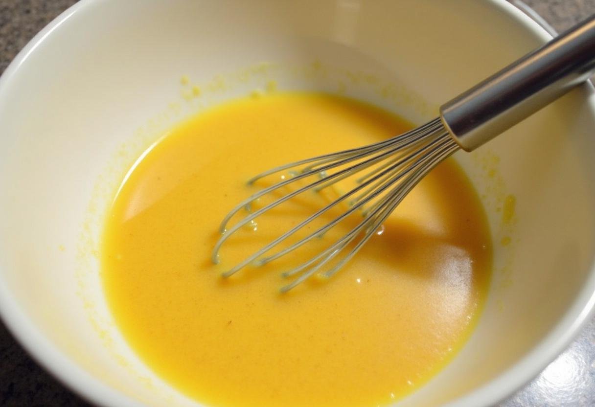 PrĂ©paration de la pĂąte Ă gĂąteau moelleux aux dattes, mĂ©lange d'Ćufs, sucre brun et beurre fondu dans un autre bol.