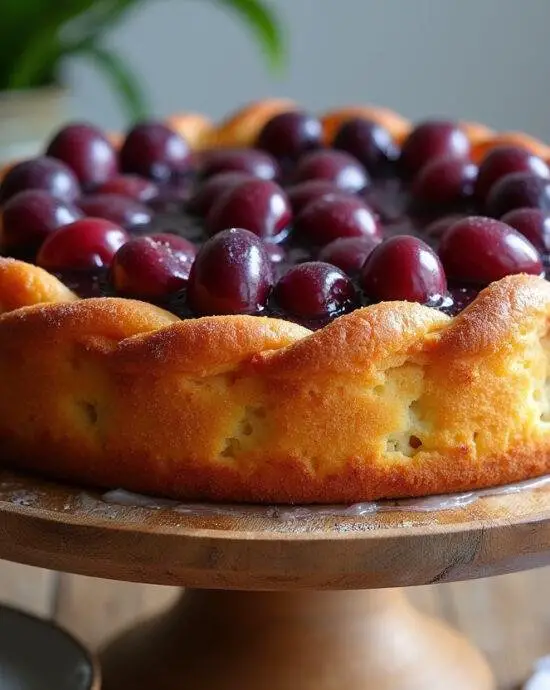 Gâteau aux prunes moelleux parfaitement cuit sur un présentoir en bois, mettant en valeur sa croûte dorée et ses prunes juteuses, une belle présentation de cuisine.