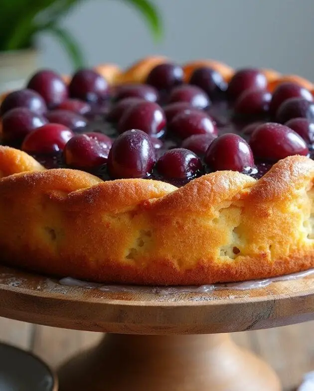 Gâteau aux prunes moelleux parfaitement cuit sur un présentoir en bois, mettant en valeur sa croûte dorée et ses prunes juteuses, une belle présentation de cuisine.
