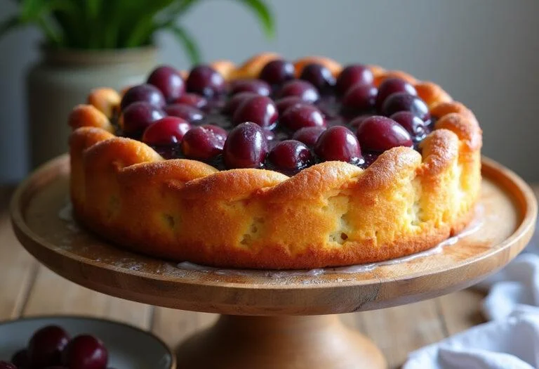 Gâteau aux prunes moelleux parfaitement cuit sur un présentoir en bois, mettant en valeur sa croûte dorée et ses prunes juteuses, une belle présentation de cuisine.