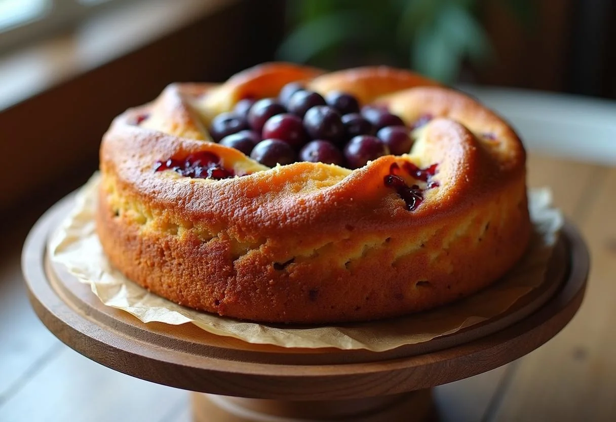 Gâteau aux prunes moelleux parfaitement cuit sur un présentoir en bois, mettant en valeur sa croûte dorée et ses prunes juteuses, une belle présentation de cuisine.