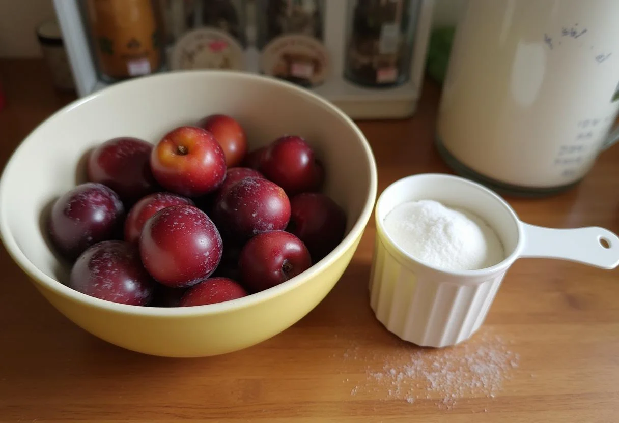 Ingrédients pour le gâteau aux prunes moelleux sur un comptoir en bois, prunes mûres, sucre et beurre ramolli, ambiance de cuisine chaleureuse.
