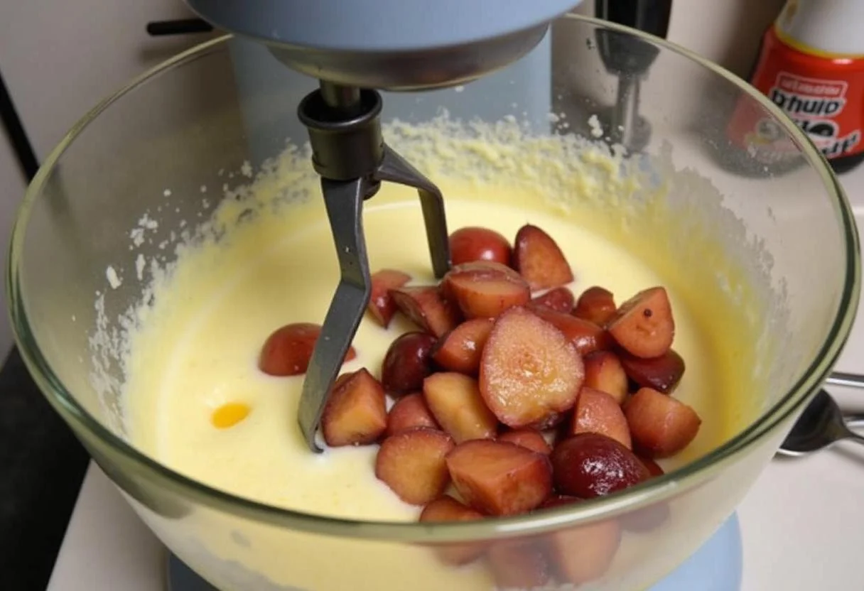 Pâte à gâteau aux prunes dans un mélangeur sur le comptoir, ajout de prunes mélangées à la préparation, ambiance de cuisine bien organisée.