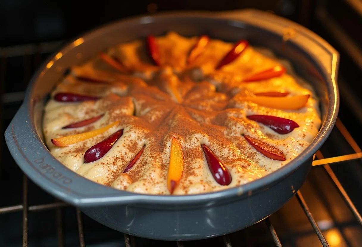 Mélange de pâte à gâteau aux prunes dans un plat de cuisson, prêt à enfourner avec une touche de cannelle, illustration de la préparation d'un gâteau aux prunes moelleux.