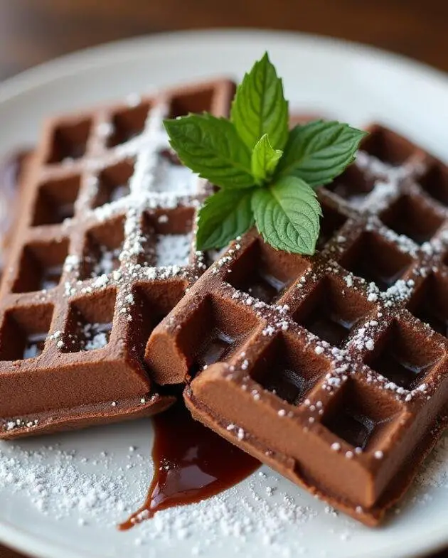 Gaufres au Nutella gourmandes finies, joliment présentées avec des feuilles de menthe et du sucre glace sur une table élégante.