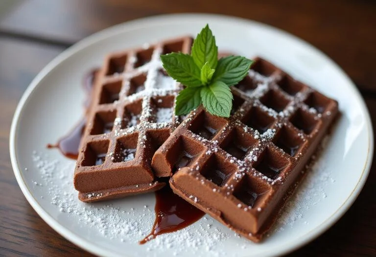 Gaufres au Nutella gourmandes finies, joliment présentées avec des feuilles de menthe et du sucre glace sur une table élégante.