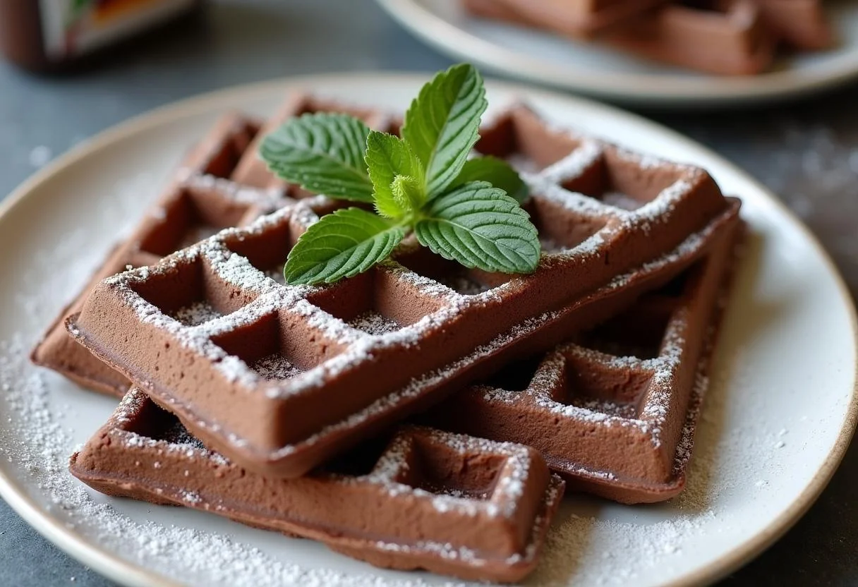 Gaufres au Nutella gourmandes finies, joliment présentées avec des feuilles de menthe et du sucre glace sur une table élégante.