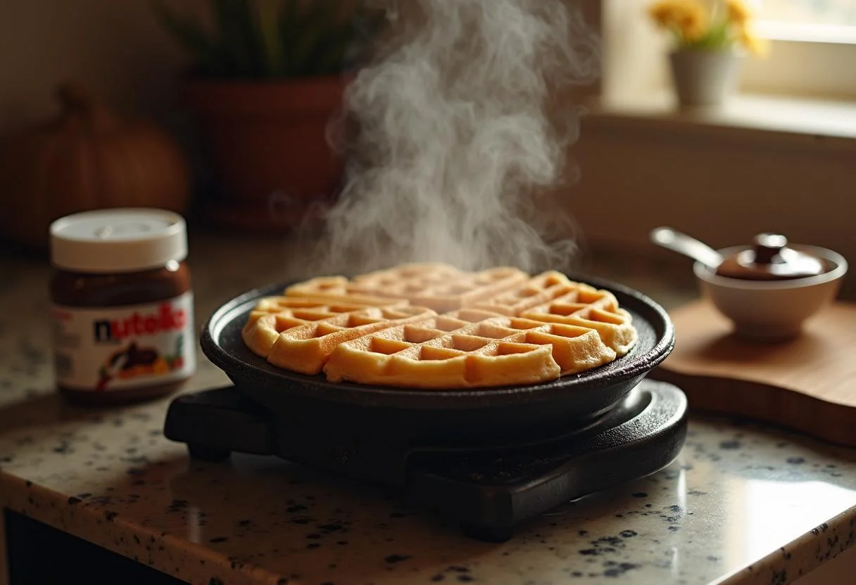 Gaufres au Nutella en train de cuire dans un gaufrier, illustrant la cuisson parfaite des gaufres.